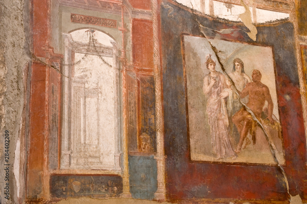 Italy, Campania, Herculaneum. Fresco in the Hall of Augustals depicting Hercules in Olympus with Juno and Minerva.
