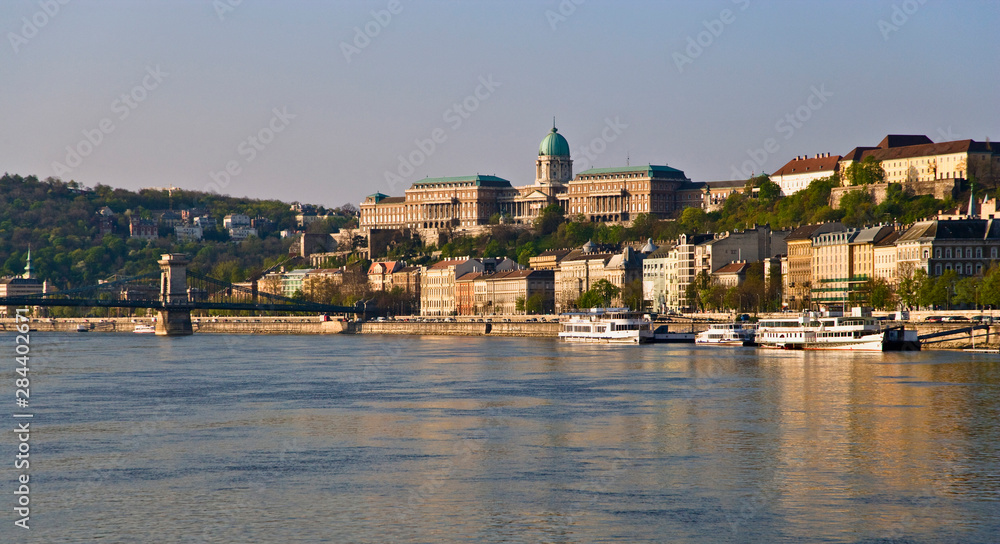 Fototapeta premium Scenic of Budapest Hungary from river ship as it enters its docking location.