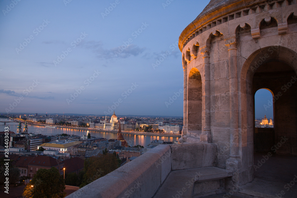 View from Fishermens Bastion next to Matyas Church, Castle Hill, Bude side of Central Budapest, Capital of Hungary, Europe