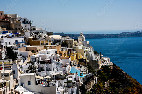 Thira, Santorini, Greece. Thira and its white washed buildings over look the Caldera
