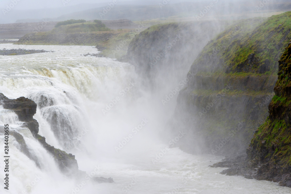 Iceland, Golden Circle, Gullfoss, Golden Falls. One of the most powerful, scenic waterfalls.