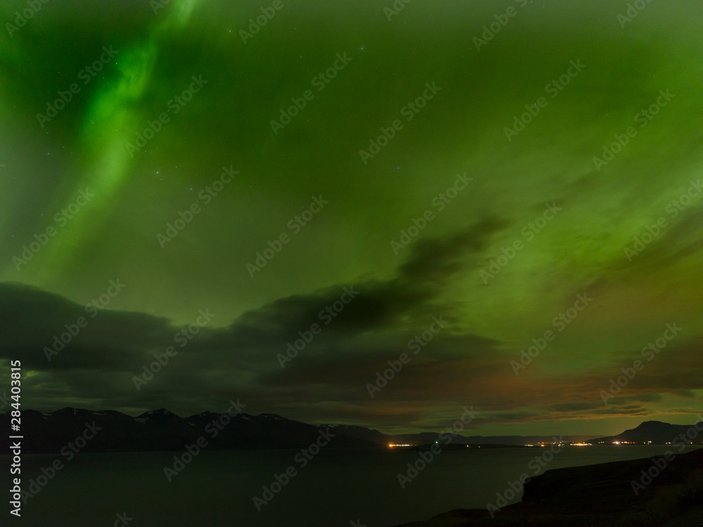 Northern Lights over Eyjafjordur near Akuryeri in Iceland.
