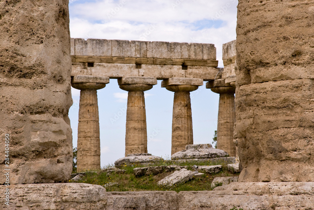 Italy, Campania, Paestum. Columns of the Temple of Hera.