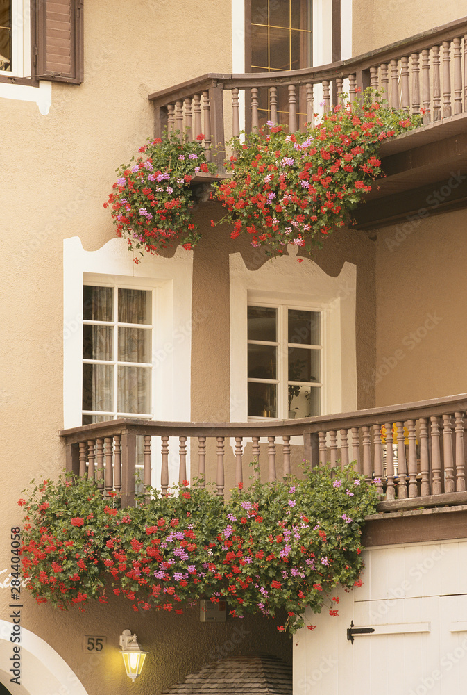 Fototapeta premium Italy, St Ulrich, Flowers on balcony