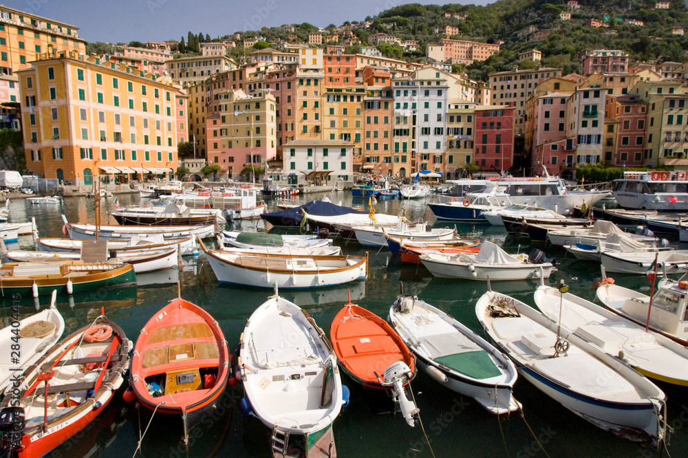 Italy, Camogli. Boats moored in harbor with colorful town buildings in background.