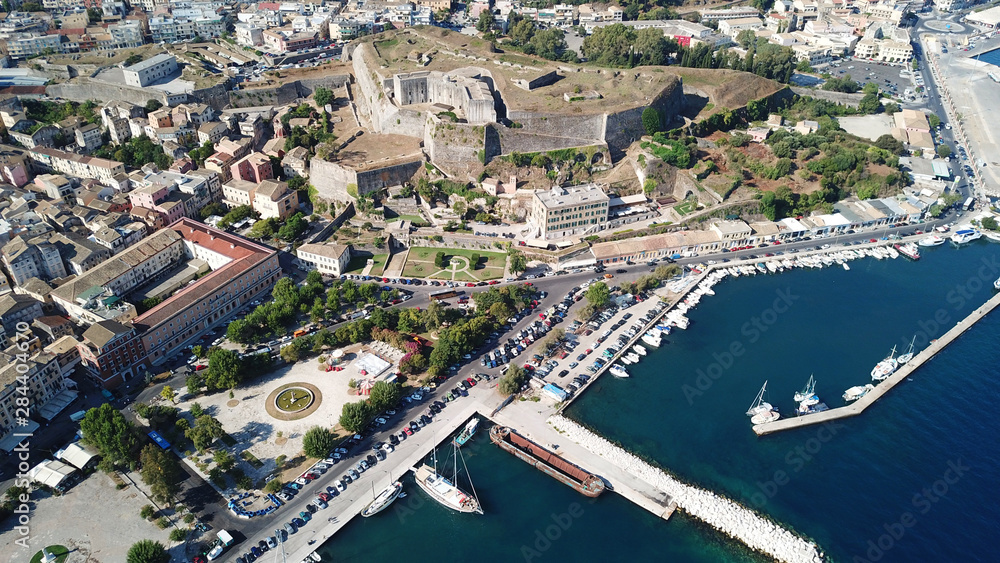 Aerial drone view of iconic and picturesque old town of Corfu island a UNESCO world heritage site, Ionian, Greece