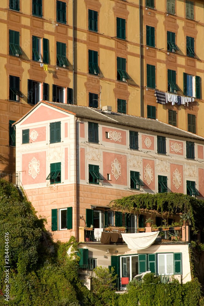 Italy, Camogli. Colorful painted buildings.