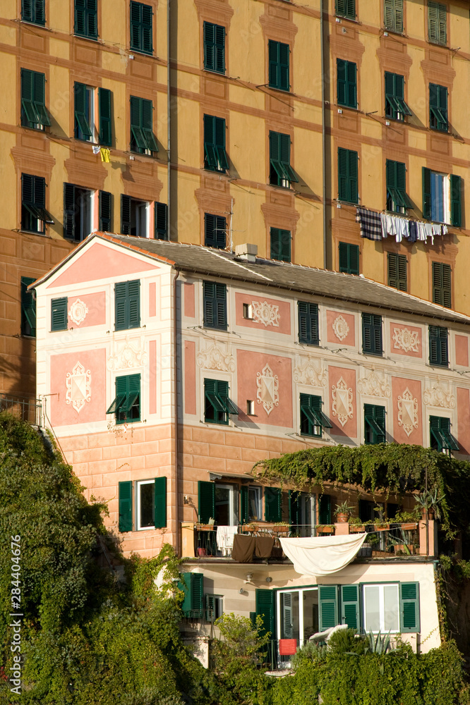Fototapeta premium Italy, Camogli. Colorful painted buildings.