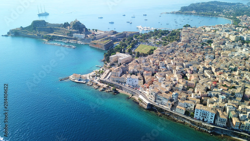 Fototapeta Naklejka Na Ścianę i Meble -  Aerial drone view of iconic and picturesque old town of Corfu island a UNESCO world heritage site, Ionian, Greece
