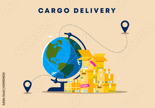 Vector illustration of cargo delivery, packing boxes, globe world map, location icon, cargo tracking, delivery route