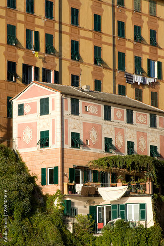Italy, Camogli. Colorful painted buildings.