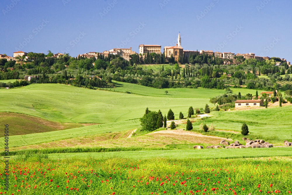 Italy, Pienza. Landscape with hilltop town. Credit as: Dennis Flaherty / Jaynes Gallery / DanitaDelimont. com