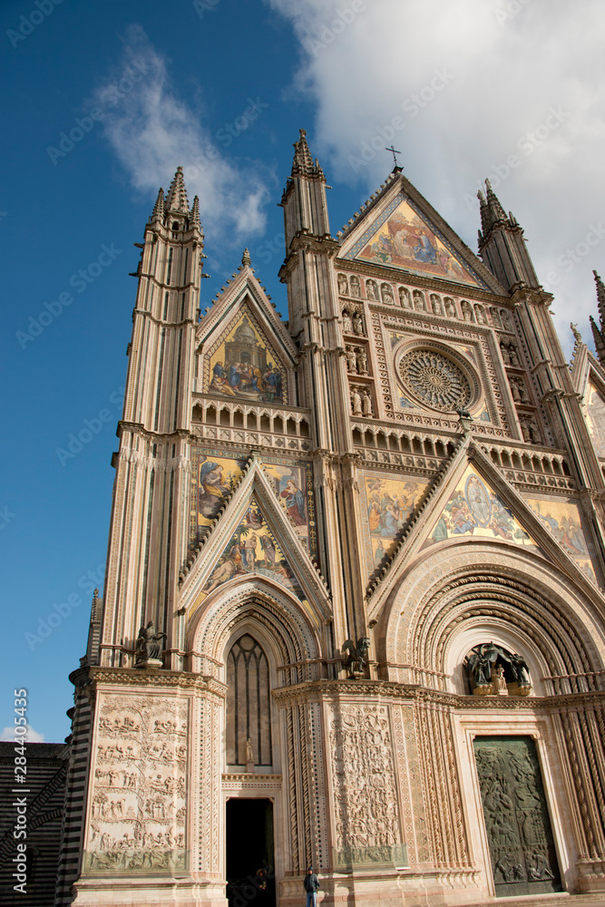 Italy, Umbria, Orvieto. The Cathedral of Orvieto or Duomo of Orvieto. 13th century Gothic masterpiece, thought to be one of the best Gothic buildings in Italy. Detail of front facade..