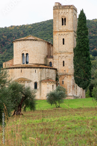 Italy, Central Italy, Tuscany. Montalcino. Abbey of Sant'Antimo, Abbazia di Sant'Antimo, Benedictine monastery. The pilgrim route to Rome. Residence of monks of the Olivetan Benedictine order. photo
