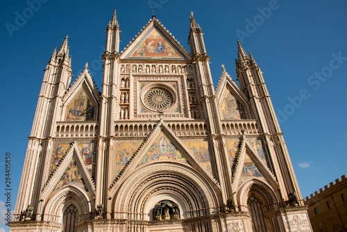 Italy, Umbria, Orvieto. The Cathedral of Orvieto or Duomo of Orvieto. 13th century Gothic masterpiece, thought to be one of the best Gothic buildings in Italy. Detail of front facade.. © Cindy Miller Hopkins/Danita Delimont