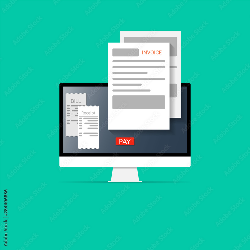 Online digital invoices. Payment of bills, checks, online shopping via mobile app. Flat vector illustration Online digital invoices. Payment of bills, checks, online shopping via mobile app. Flat vector illustration