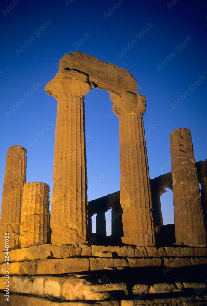 Italy, Sicily, Agrigento, Greek ruins at night.