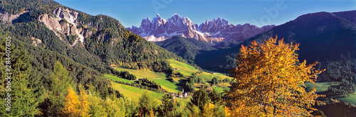 Italy  Santa Magdalena. Santa Magdalena lies nestled in the foothills below the jagged peaks of the Dolomite Alps  Italy.