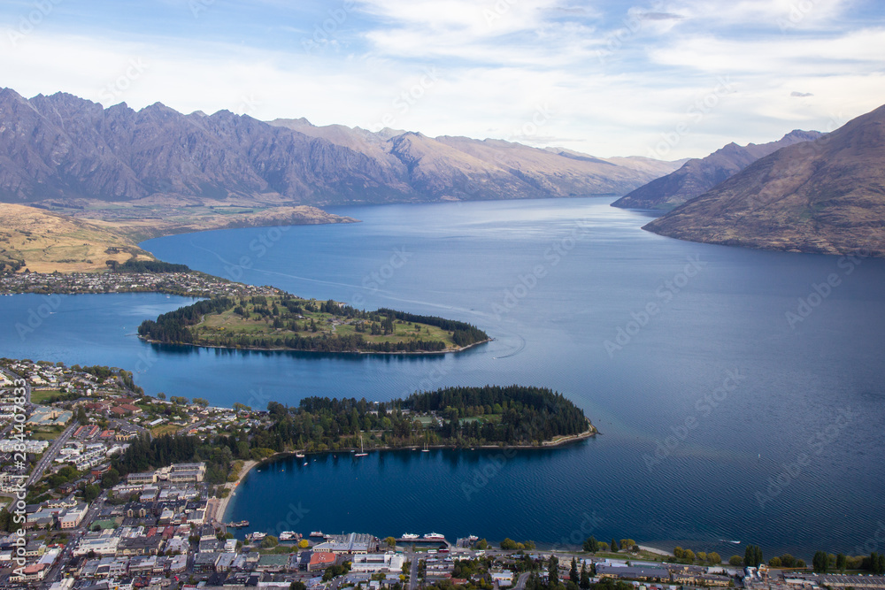 Aerial view of beautiful Queenstown, Otago, New Zealand