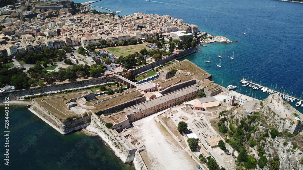 Aerial drone view of picturesque old town of Corfu island featuring iconic castle a UNESCO world heritage site, Ionian, Greece