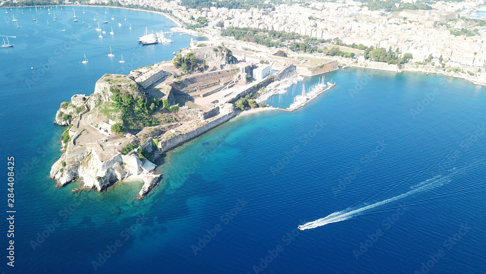 Aerial drone view of picturesque old town of Corfu island featuring iconic castle a UNESCO world heritage site, Ionian, Greece