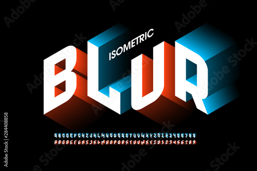 Isometric 3d font design with blur effect, three-dimensional alphabet letters and numbers photo