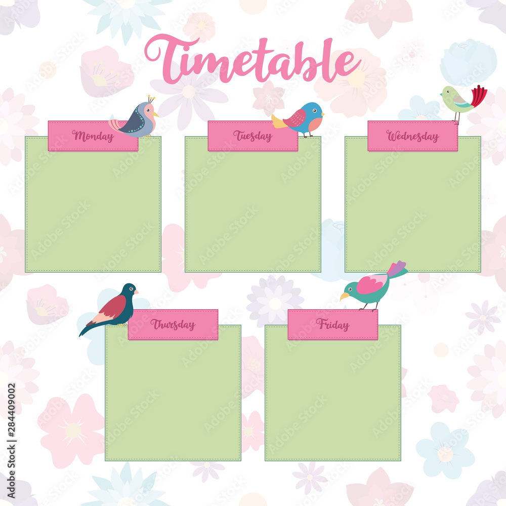 School timetable with colorful birds School timetable with colorful birds