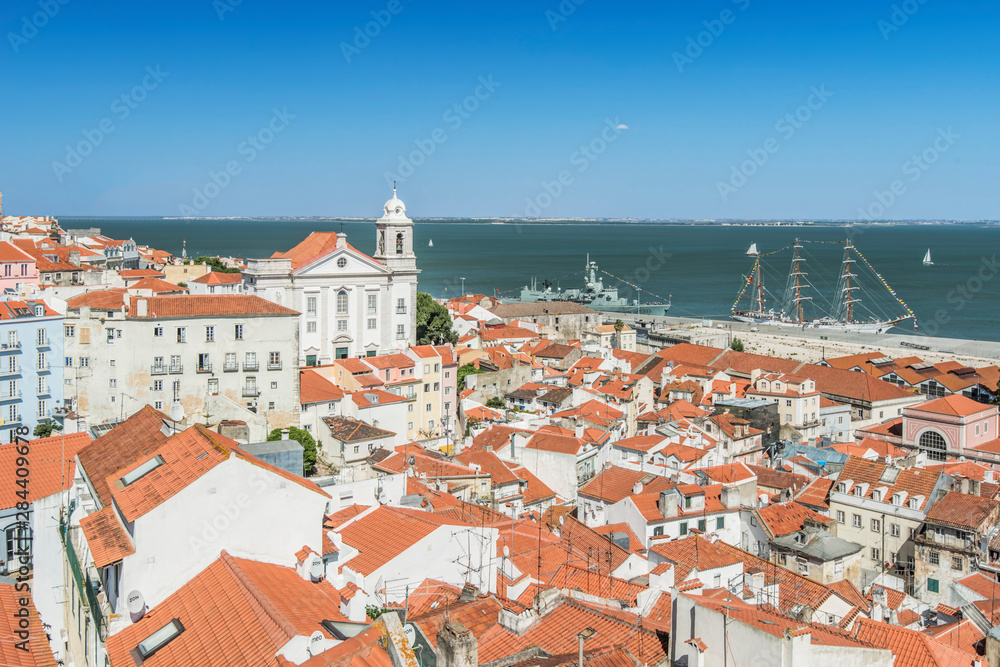 Portugal, Lisbon, Alfama, View of Rooftops from Largo Portas do Sol