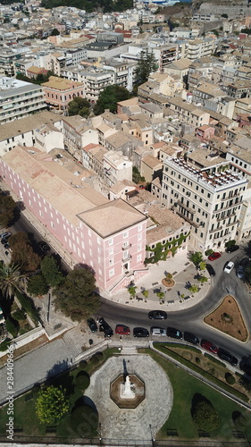 Aerial drone view of picturesque old town of Corfu island featuring iconic castle a UNESCO world heritage site, Ionian, Greece