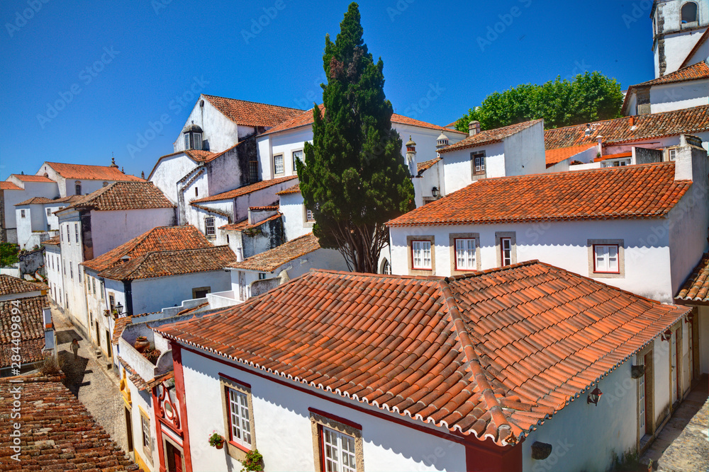 Portugal, Obidos, Elevated View of the town with the Red Roofs and special architecture of the town