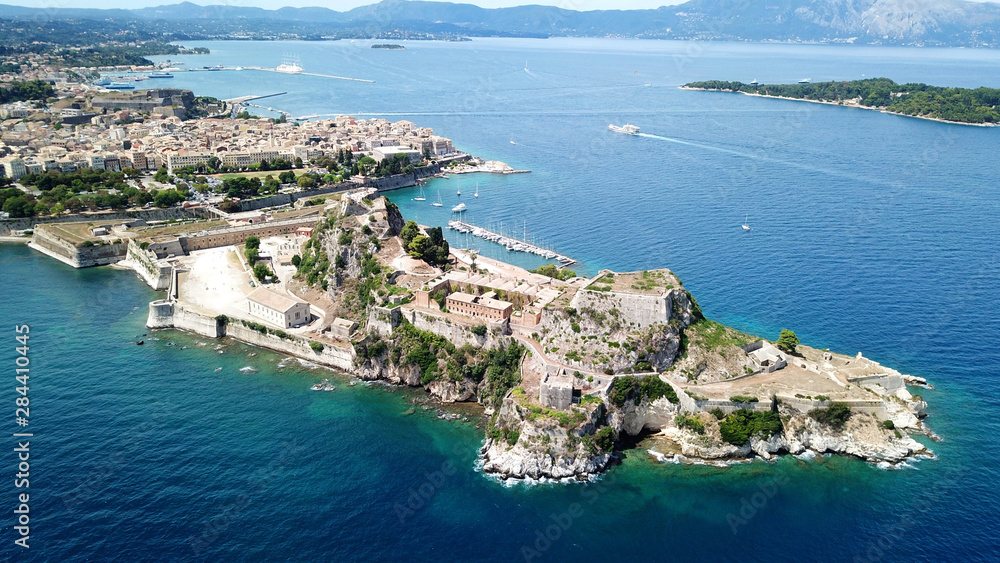 Aerial drone bird's eye view photo of iconic capital of Corfu island or Kerkyra with traditional Italian architecture and old fortified castle, Ionian, Greece