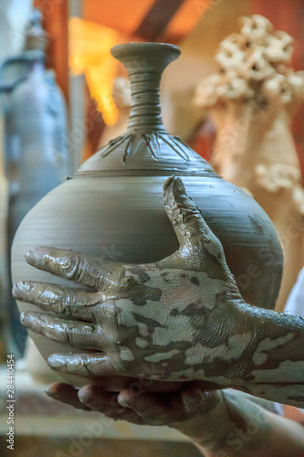 Romania, Maramures, Baia Spire, Guest house Casa Olarului. Pottery workshop. Finished pottery before firing.