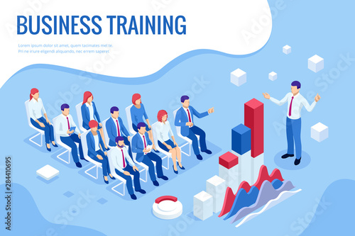 Isometric Business Training concept. Group of businessmen studies data. Office work crowd, team meeting, and discussion.