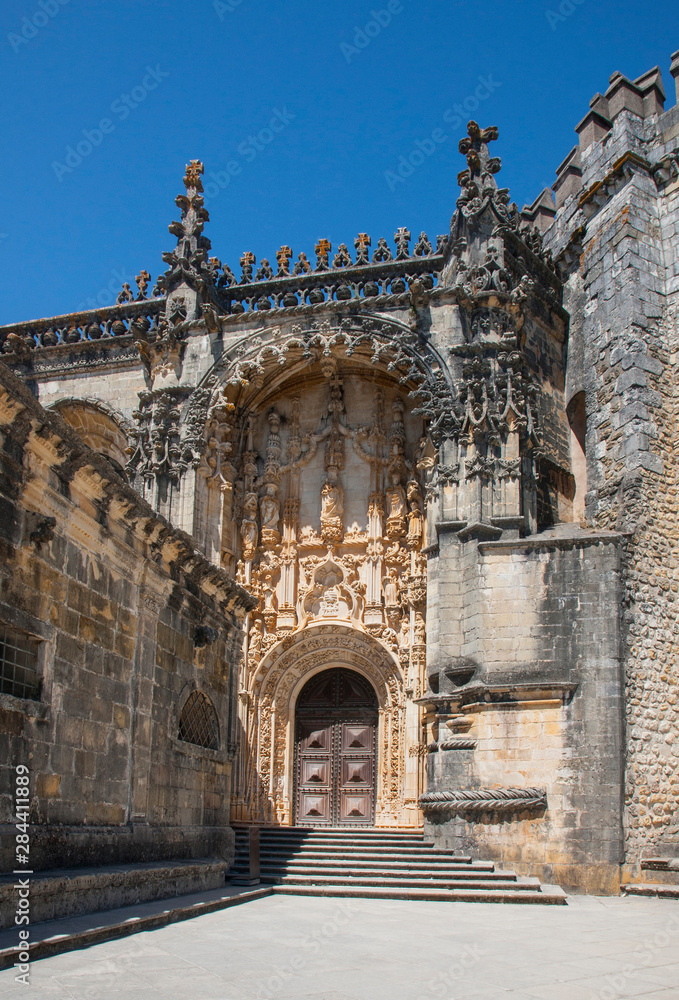 This is the entrance to the ornate monastery of Convento de Cristo located in Tomar, Portugal