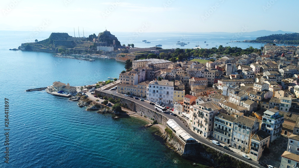 Aerial drone view of iconic and picturesque old town of Corfu island a UNESCO world heritage site, Ionian, Greece