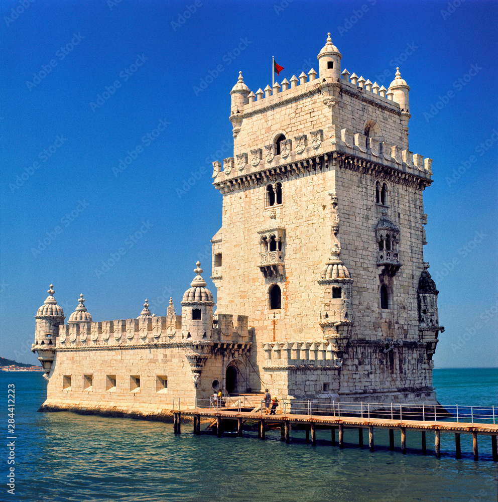 Portugal, Lisbon. The Tower of Belem or Manueline Tower, built by Dom Manuel from 1515 to 1520, guards the entrance to the port of Lisbon, Portugal.
