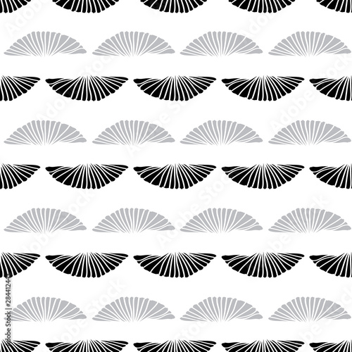 Vector seamless pattern sea shells outlines black and grey on white background. Two rows.