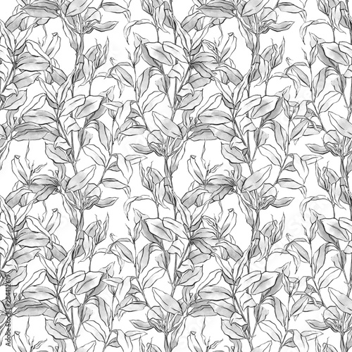 Monochrome botanical pattern. Seamless background with branches. Black ink.