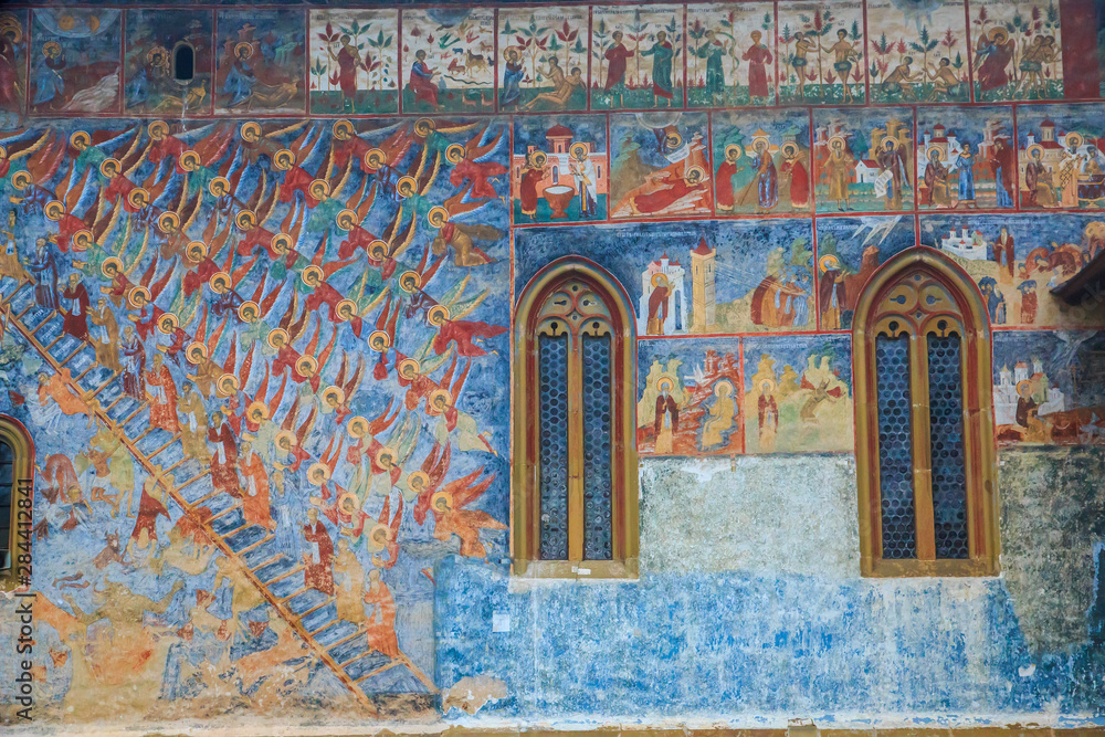 Romania, Bucovina, Bucovina Monasteries, Sucevita 16th Century, Painted Monastery. Religious Fresco.
