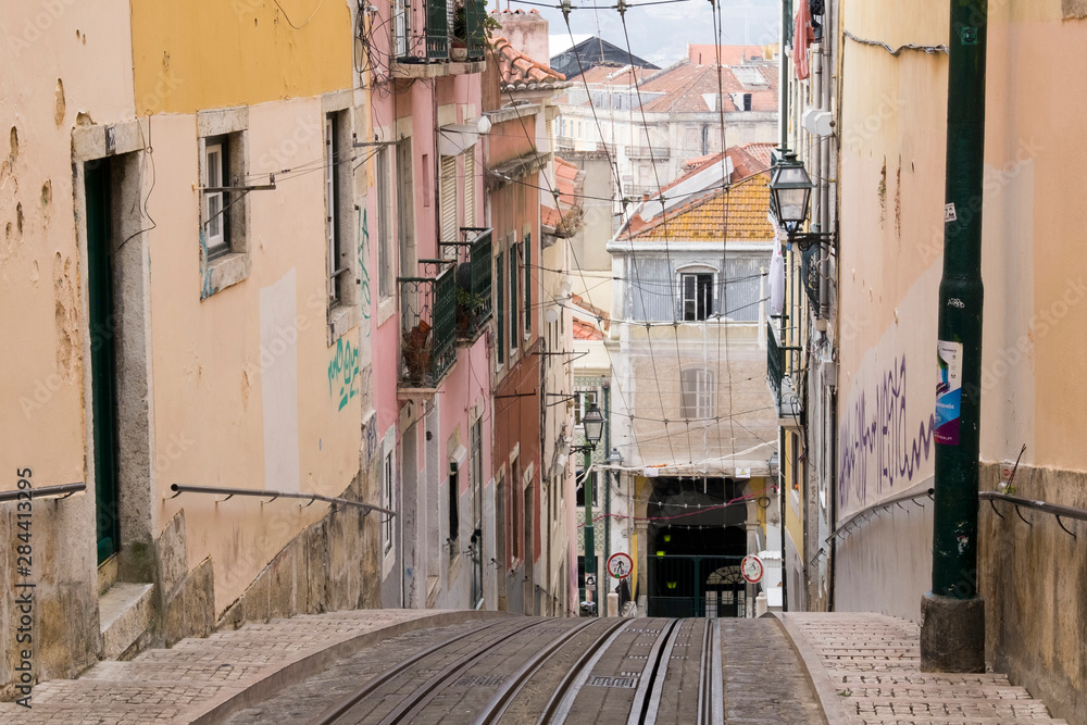 Portugal, Lisbon. Funicular railway racks for lift, trolley, tram in the Alfama district, called Elevator da Gloria.