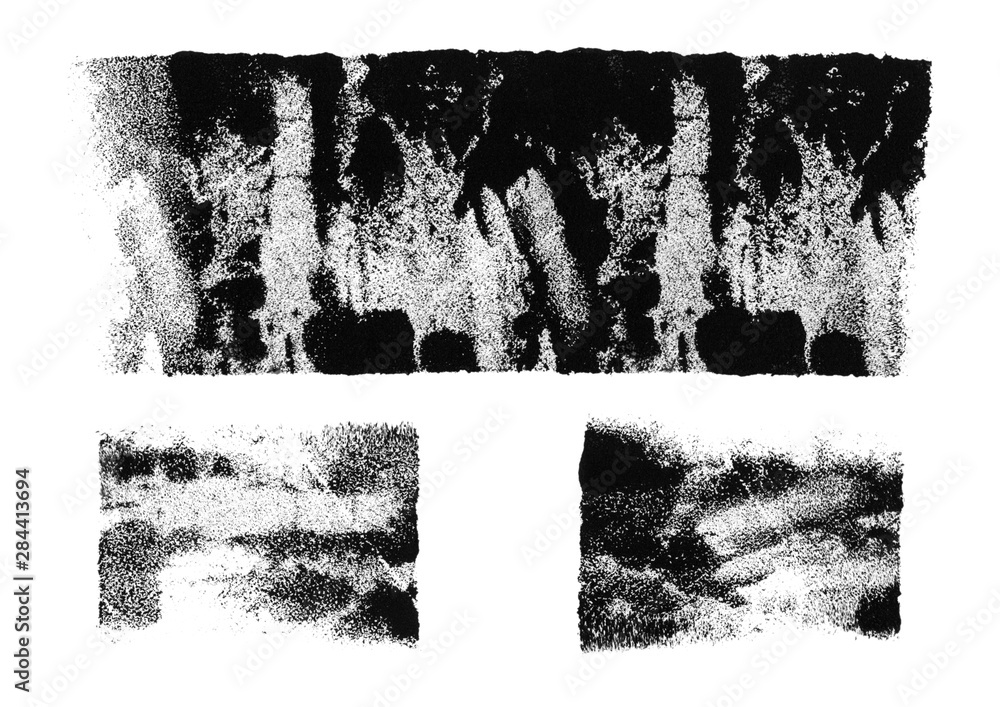 Black grunge textures isolated on white background. Acrylic paint.