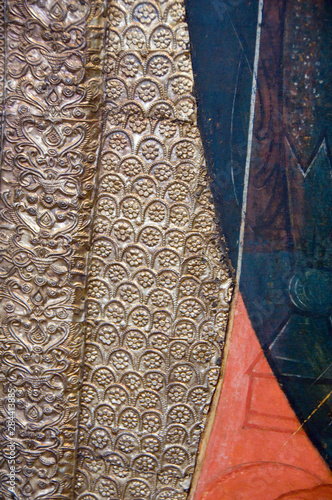 Russia, Volga-Baltic Waterway, Goritzy. Kirillo-Belozersky Monastery, museum. Detail of 15th century Icons, silver trim. photo