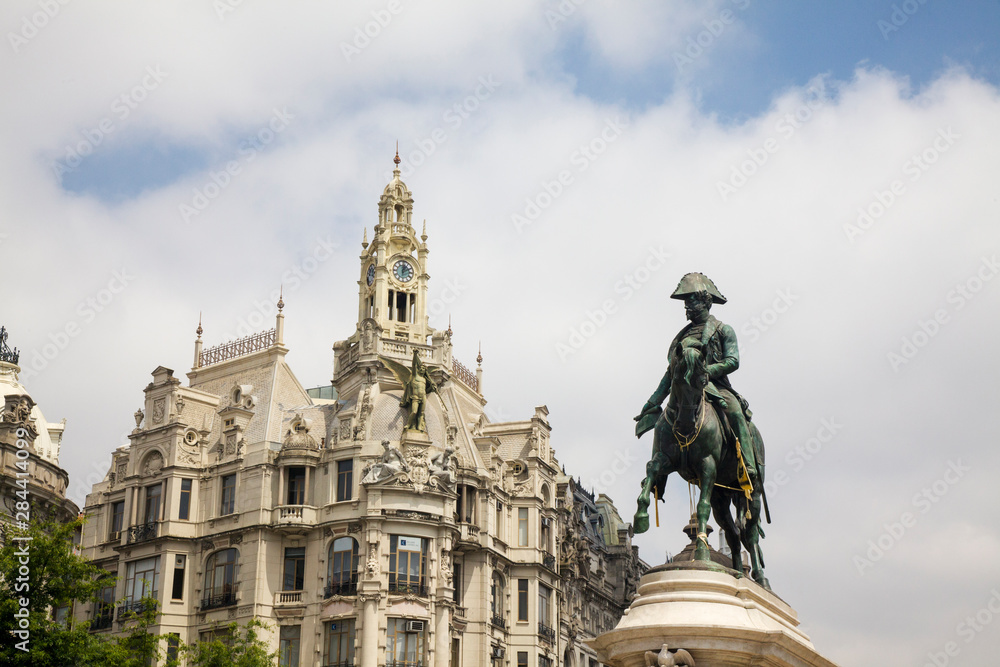 Portugal, Porto, City center with the statue of Aliados avenue, Dom Pedro IV Statue
