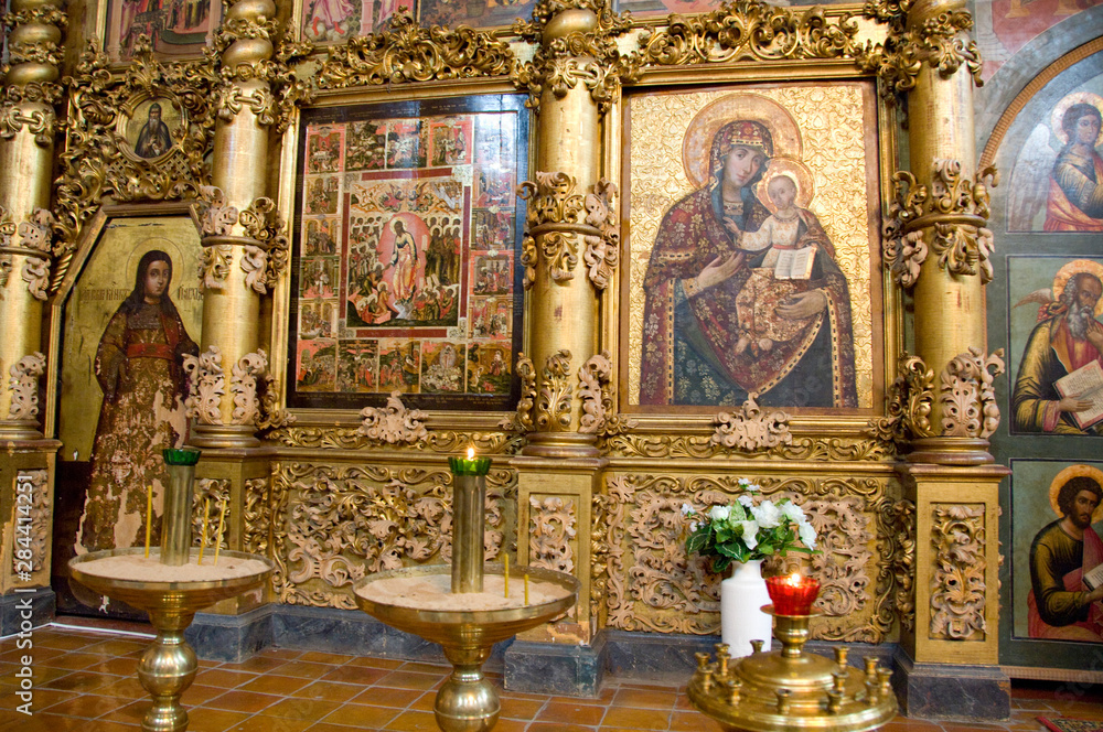 Russia, Golden Ring city of Uglich located on the Volga. Cathedral of Our Savior's Transfiguration. Ornate gold altar.
