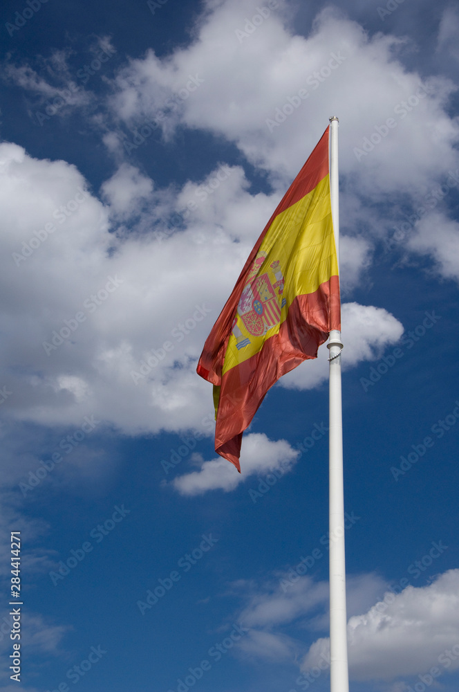 Spain, Madrid. Columbus Square, Spain's flag. Spain, Madrid. Columbus Square, Spain's flag.