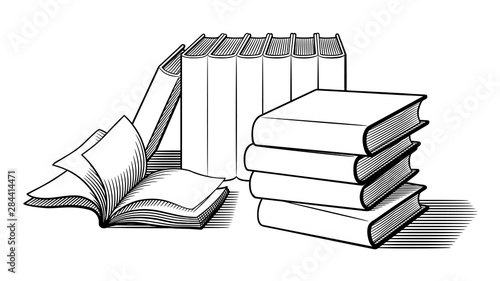 Big amount of books. Black and white retro style vector illustration, isolated on white background