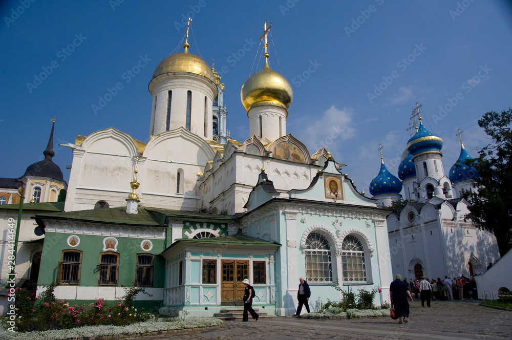 Russia, Golden Ring (aka Zolotoe Koltso), Sergiyev Posad (aka Sergiev), formerly Zagorsk. Trinity Monastery of St. Sergius. Cathedral of the Holy Trinity (1422) & church of St. Nicon (1548)
