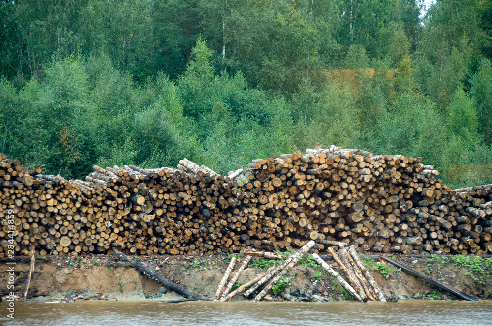 Russia, Typical Volga-Baltic Waterway views, lumber.