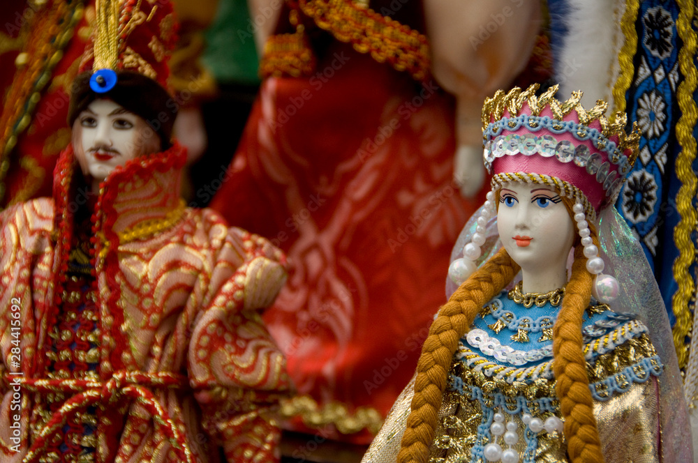 Russia, Golden Ring city of Uglich located on the banks of the Volga. Russian handicrafts, traditional dolls. 