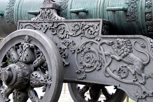 Russia, Moscow, The Kremlin. 14th century bronze Czar Cannon, weighing almost 40 tons. The gun carrage on wheels was made later in 1835.